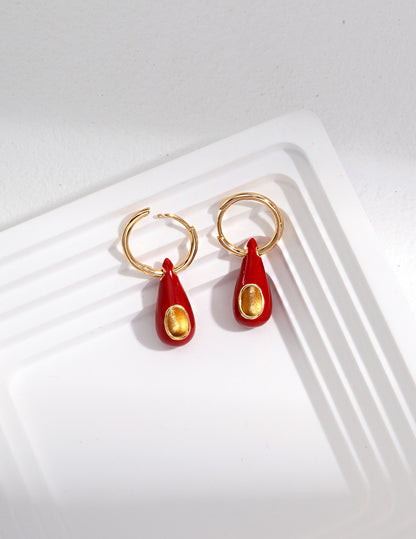 Sterling silver water drop red glaze earrings