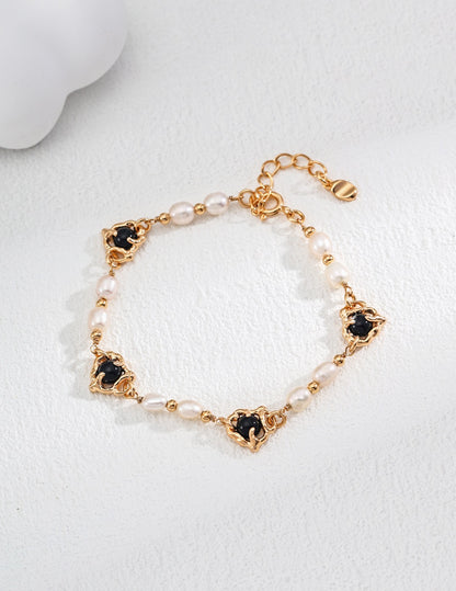 S925 Silver Vintage Natural Pearl Black Agate Bracelet