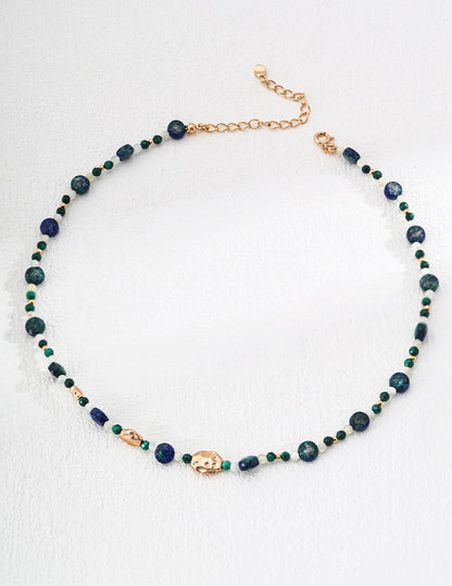 S925 Silver Vintage Natural Malachite Lapis Lazuli Bead Necklace