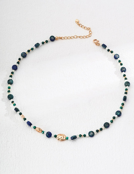 S925 Silver Vintage Natural Malachite Lapis Lazuli Bead Necklace