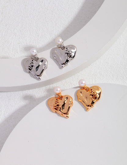 Love stitching series Sterling silver heart pearl earrings