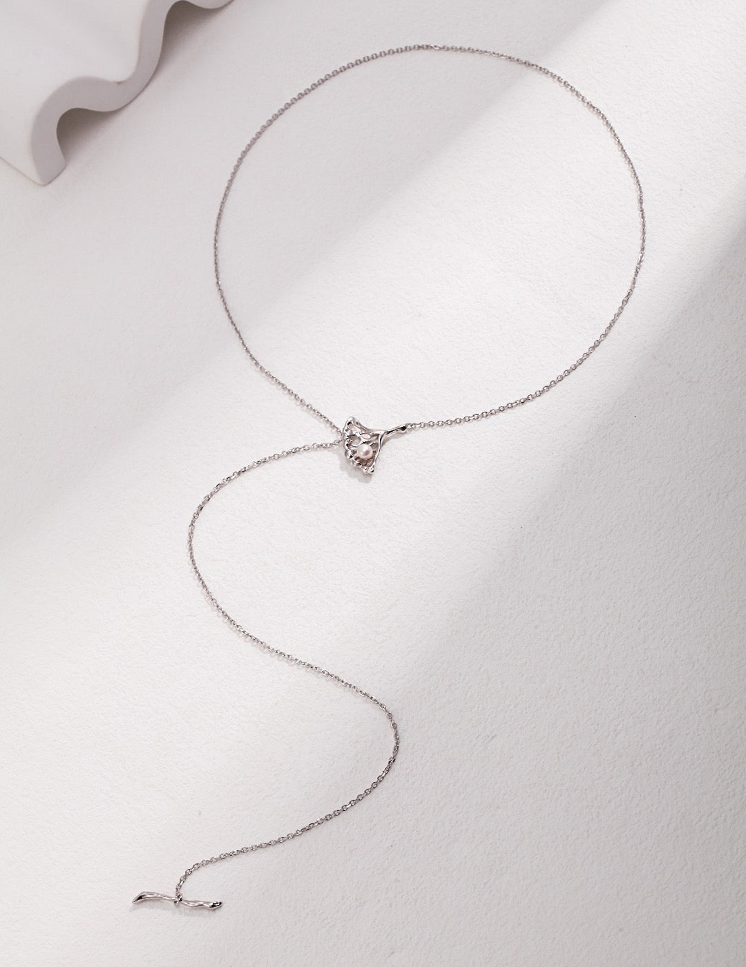 Ginkgo Leaf Design Series Pure Silver Pearl Necklace