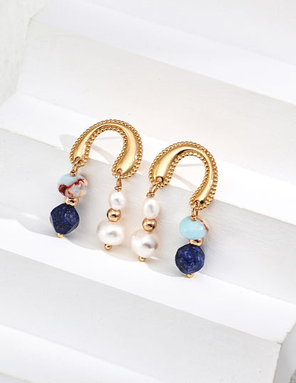 S925 Silver Simple Natural Pearl Lapis Lazuli Shoushan Stone Earrings