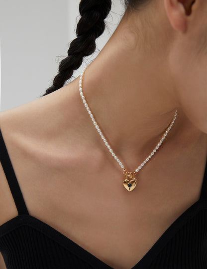 Sterling silver heart-shaped rice-grain pearl necklace