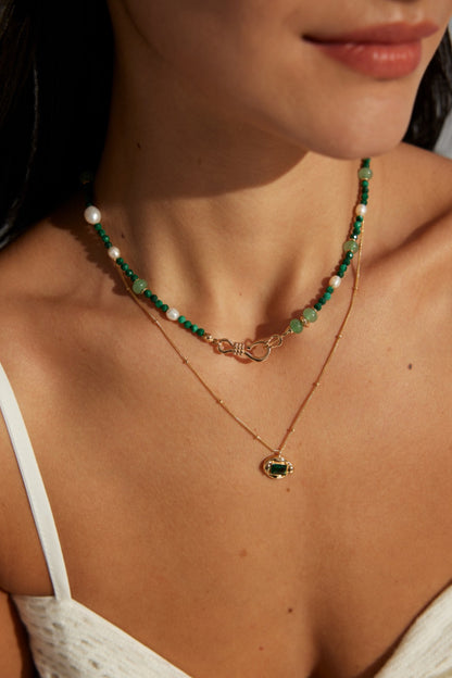 S925 Silver Green Aventurine Natural Malachite Pearl Necklace (Necklace/Bracelet Dual Purpose)