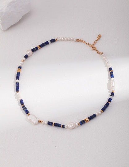 Sterling silver lapis lazuli pearl necklace