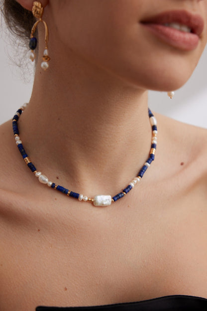 Sterling silver lapis lazuli pearl necklace