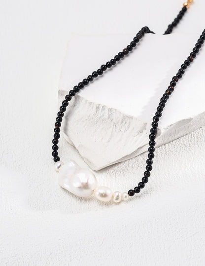 925 Silver Simple Natural Pearl Black Agate Necklace