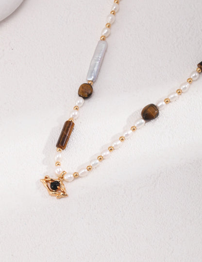 Sterling Silver Pearl Tiger Eye Necklace