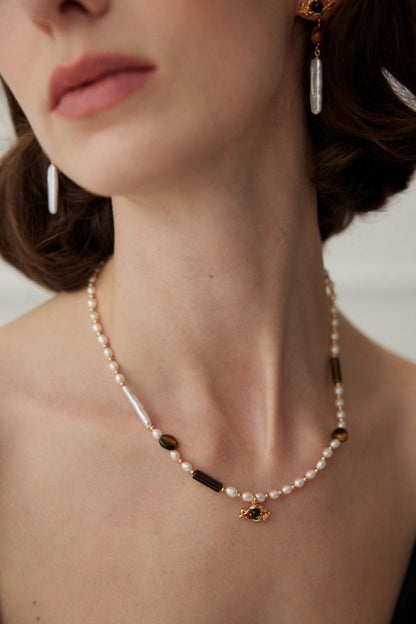 Sterling Silver Pearl Tiger Eye Necklace